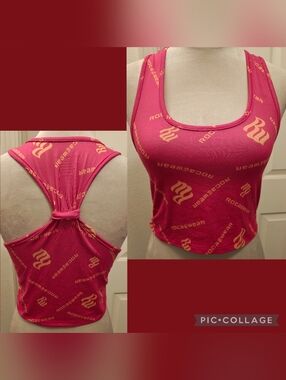 Y2K Rocawear Hot Pink Crop Tank Top w AOP Logo Print & Knotted Tie Back Detail.